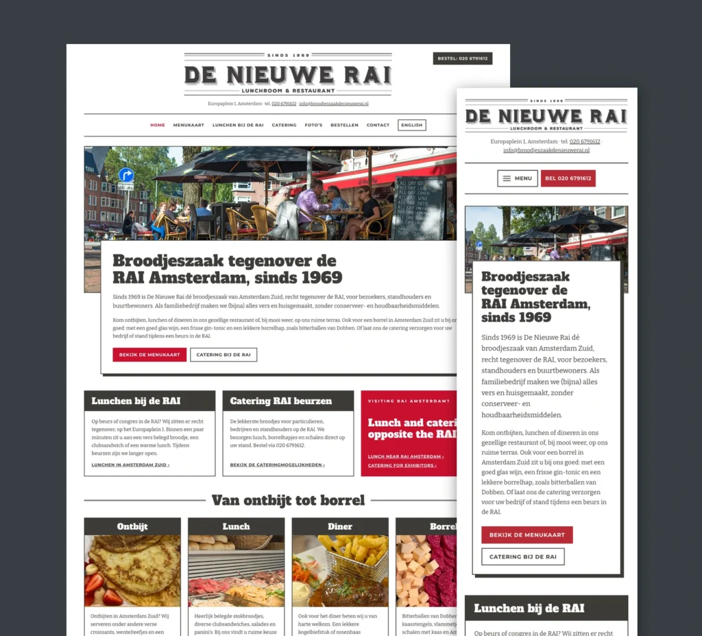 Website Broodjeszaak De Nieuwe Rai op desktop en mobiel, gemaakt door Pingwin